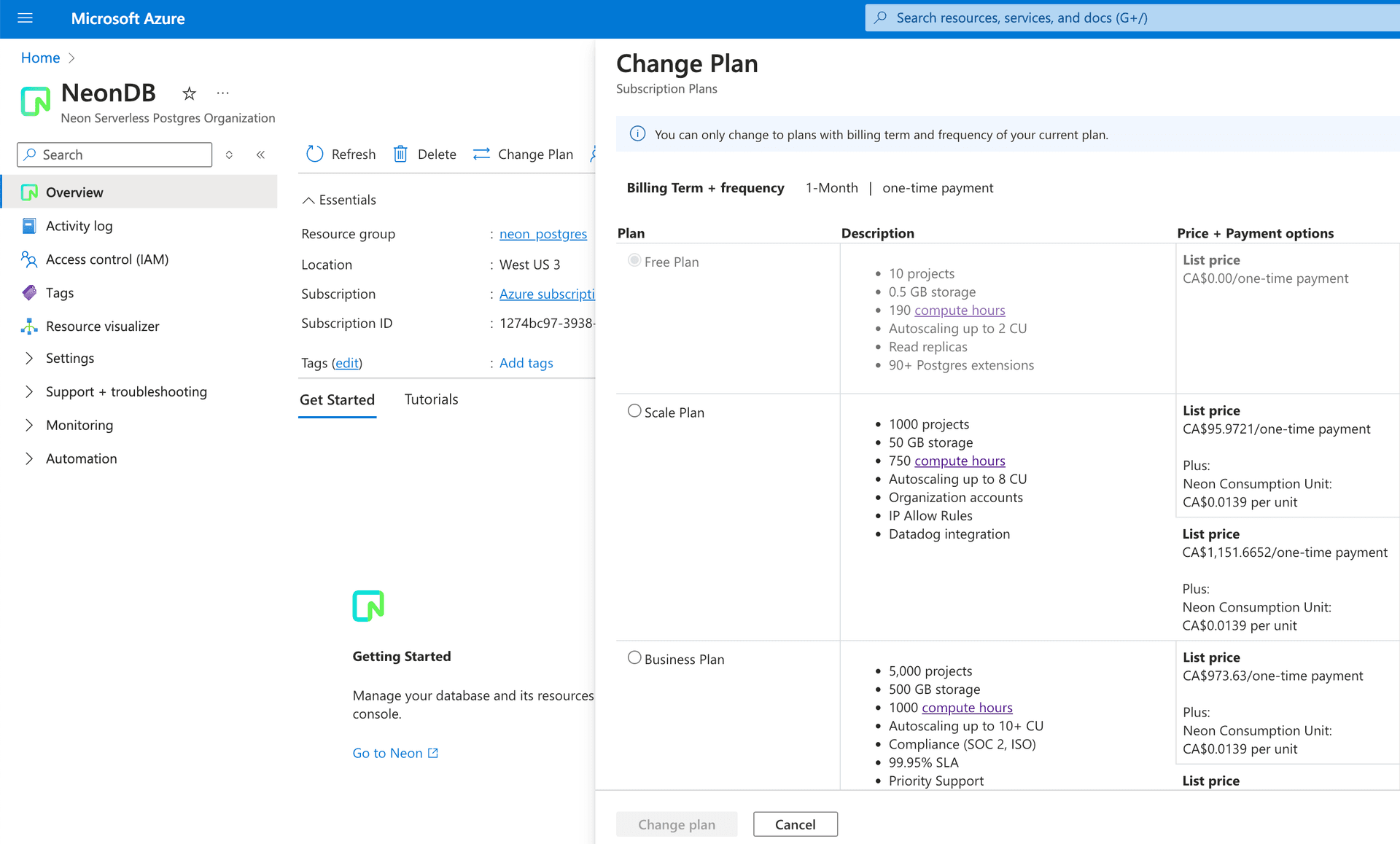 Azure change plan